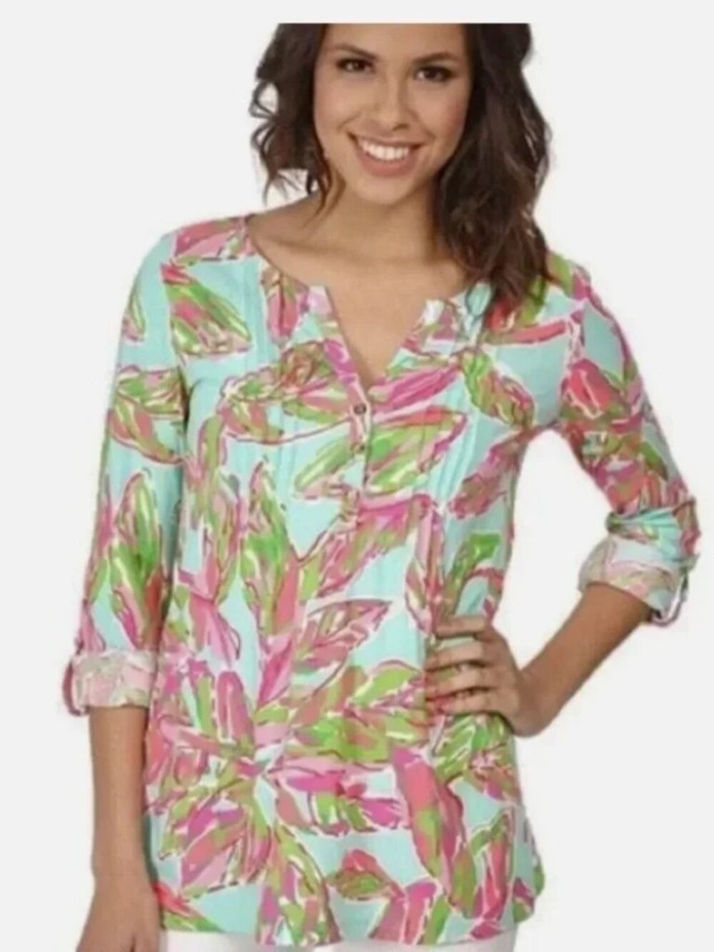 Lilly Pulitzer Dorothy In The Villas Floral Pima Pintuck Henley Tunic Top Sz XL